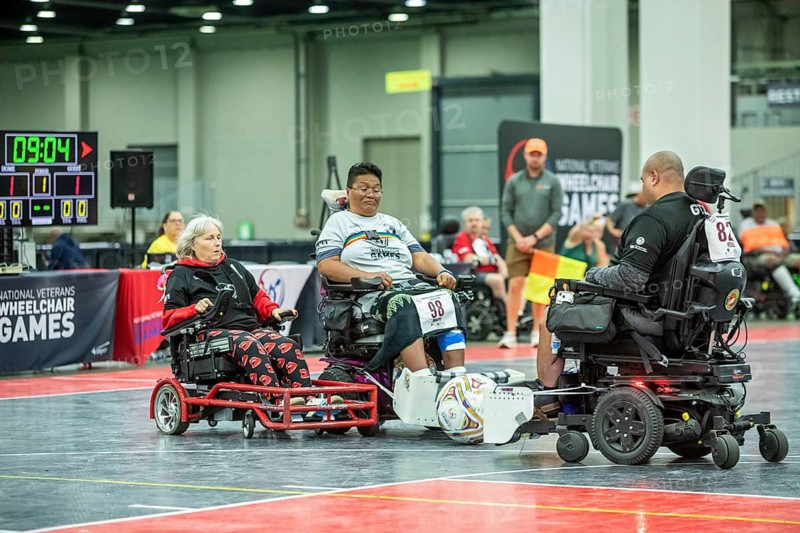 Detroit, Michigan - Power soccer at the National Veterans Wheelchair Games, an annual event sponsored by the Paralyzed Veterans of America and the Department of Veterans Affairs. Over 500 athletes competed in more than 20 sports during the six-day event