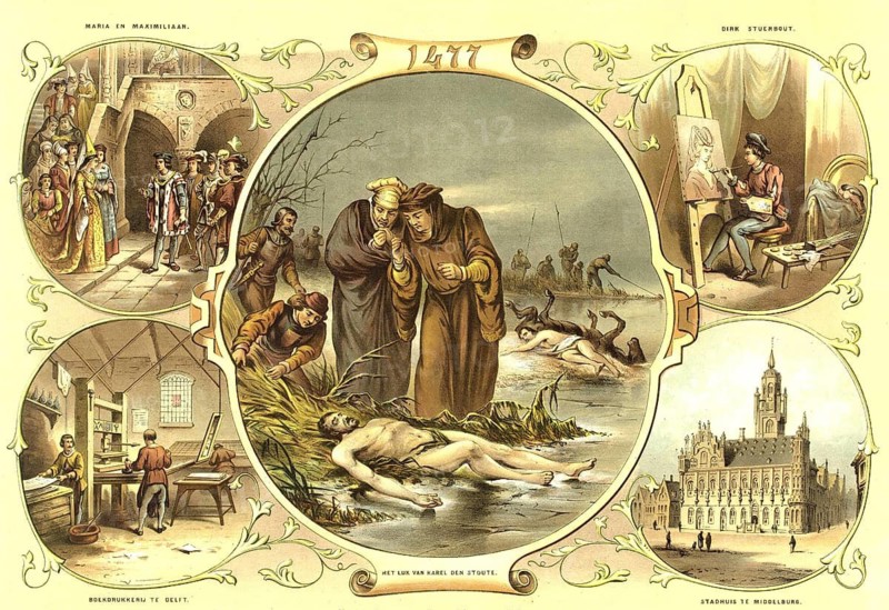 Events around the year 1477, with the discovery of the body of Charles the Bold in the middle. The surrounding scenes illustrate contemporary events such as the wedding of Mary of Burgundy with Maximilian I, the painter Dirk Bouts and the printing press in Delft, school painting, illustration, reproduction from a model from the 19th century. School picture, mural, authentic, file restored for optimal use, exact date of original unknown, historical