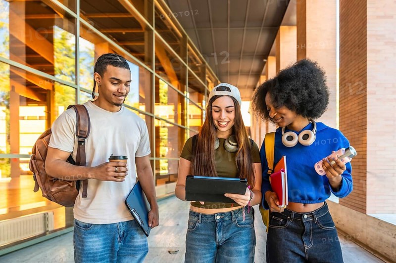 Diverse group of young university students walking together on campus, carrying backpacks, books, and coffee, looking at a digital tablet while enjoying a sunny day outdoors