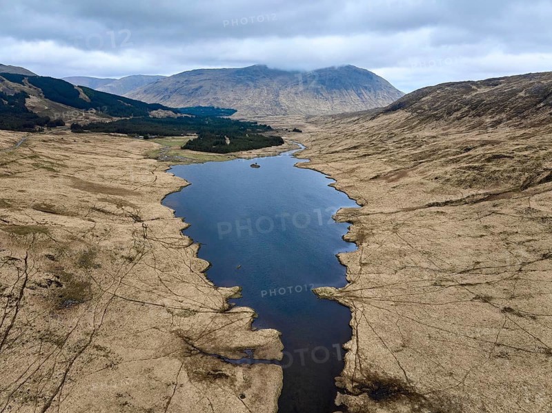 Panoramic aerial drone photo of Loch Peallach in the highlandof Isle of Mull, Inner Hybrides, Scotland, UK