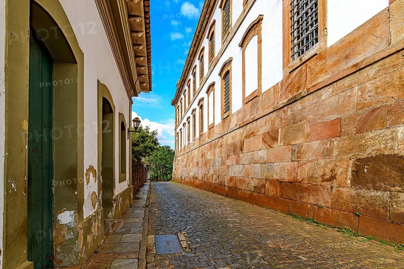 A street between historic buildings in the city of Ouro Preto, Minas Gerais, Ouro Preto, Minas Gerais, Brazil