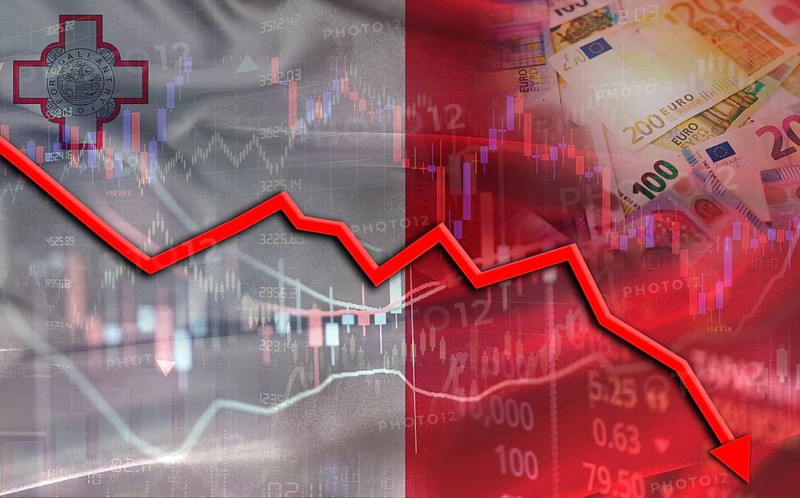 Malta financial fall on economy market. Maltese financial crisis on economic graph