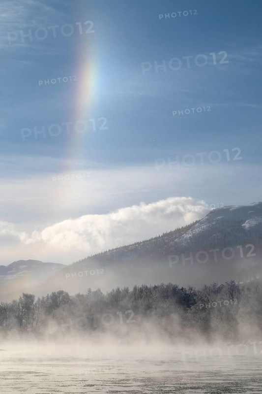 Fog and parhelion over the river Glomma (Glåma), Alvdal, Hedmark, Innlandet, Norway, February 2026