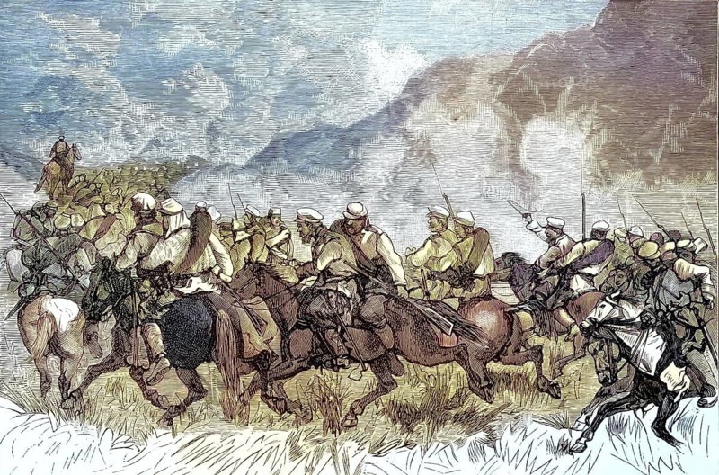 Scene from the Russo-Ottoman War (1877–1878) at the Shipka Pass. This strategically crucial mountain pass in Bulgaria was the scene of several bloody battles in 1877. Russian troops and Bulgarian volunteers defended the pass fiercely against the Ottoman army, illustration, reproduction of a 19th-century original. Authentic, file restored for optimal use, exact date of the original unknown, historical, nostalgically coloured