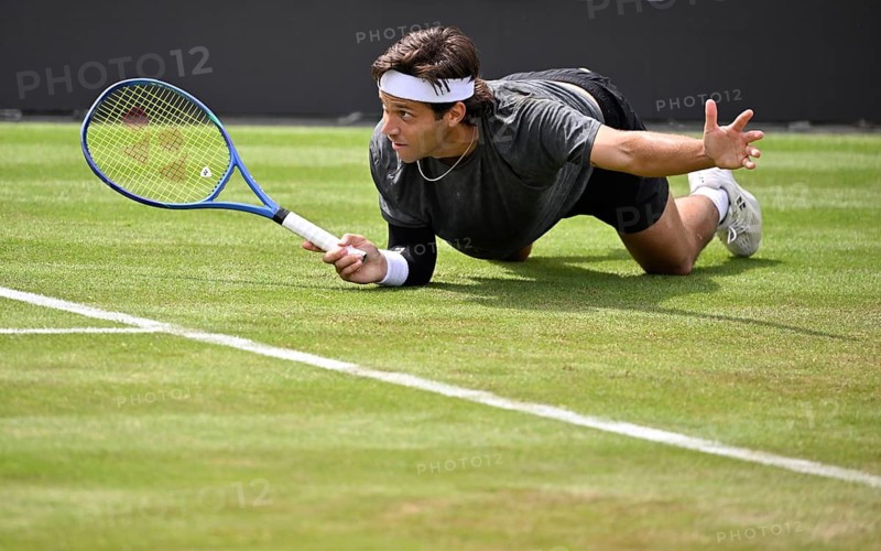 Alexis Galarneau (CAN) in action on court, gesturing, BOSS Open 2026, ATP 250 tennis, grass-court tournament, Stuttgart, Baden-Württemberg, Germany