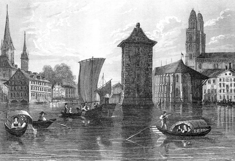 Zurich in 1870, Lake Zurich and city, Switzerland, illustration, reproduction from a model from the 19th century. Authentic, file restored for optimal use, exact date of submission unknown, historical