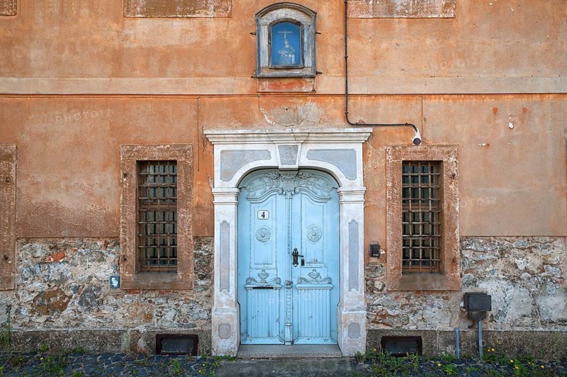 Entrance portal from 1799 of an empty town house, Ostritz, Upper Lusatia, Saxony, Germany