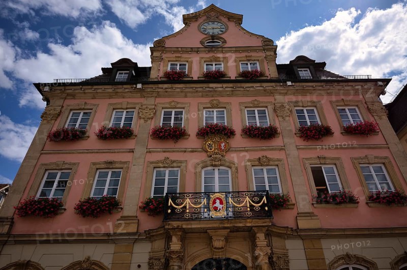 Balcony with unicorn in city coat of arms Town Hall, Schwäbisch Gmünd, Baden-Württemberg, Germany