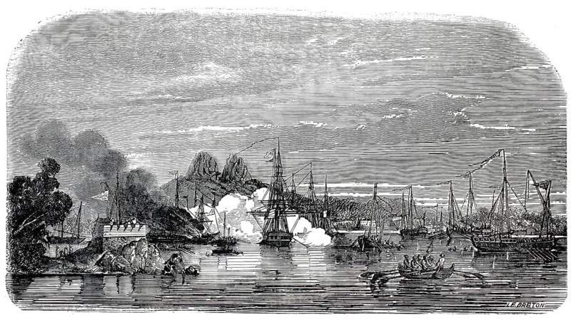 The Victorieuse and the Claeopatre sinking the junks from Cochinchina, Battle of Tourane 1847. Military clashes in the bay of the central Vietnamese port city of Da Nang, Vietnam. Start of the Cochinchina campaign, illustration, reproduction from a 19th century model. Authentic, file restored for optimal use, exact date of submission unknown, historical