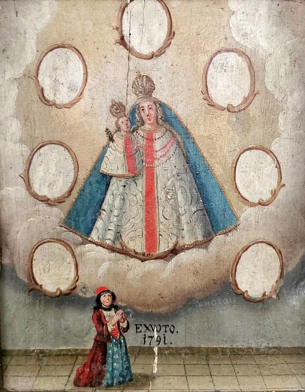 Votive image from the 18th century in the monastery church, Mönchsdeggingen monastery, former monastery of the Mariannhill missionaries, near Nördlingen on the southern edge of Riesrand, Donau-Ries district, Swabia, Bavaria, Germany. Presentation of Our Lady with the Infant Jesus on a cloud, surrounded by seven round, empty frames, cartouches, which were presumably intended for personal requests or expressions of thanks