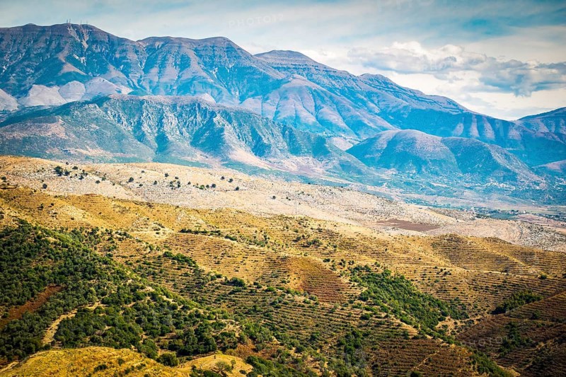 Dramatic viewsof the mountains from the car on the main road. Albania