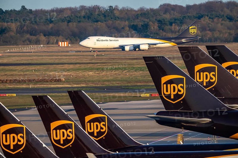 Cologne-Bonn airport, CGN, air freight center, UPS Logisic Hub, UPS cargo aircraft on the apron, UPS Boeing 747, jumbo jet, freighter on the way to takeoff