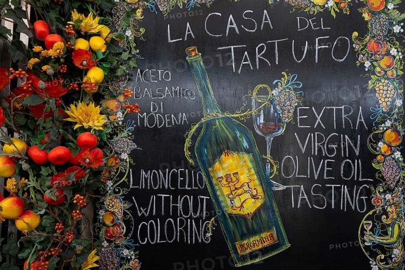 Plate with the inscription La Casa del Tartufo and Extra Virgin Olive Oil Tasting, Taormina, Sicily, Italy