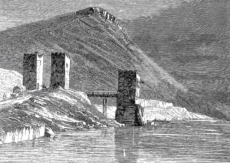 Tricule Fortress, also known as Tri Kule or Three Towers, in Svinita, Romania, on the banks of the Danube, 1870. It is located directly on the left bank in the area of the so-called Iron Gate, illustration, reproduction from a 19th-century model. Authentic, file restored for optimal use, exact date of submission unknown, historical