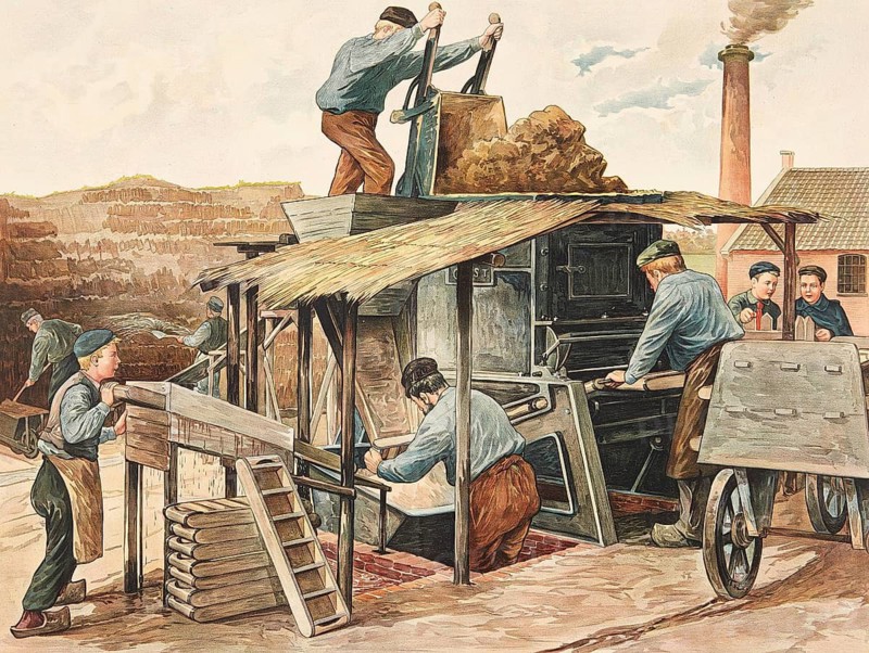 Scene in a traditional brick factory or glue mill where workers process clay. At the top, workers fill the machine with freshly cut raw clay, which is crushed and mixed inside. At the bottom, other workers remove the homogeneous clay mass in order to press it into molds for brick production and to distribute it onto piles of wood or carts, 1890, Holland, school picture, illustration, reproduction from a model from the 19th century. School picture, mural, authentic, file restored for optimal use, exact date of original unknown, historical