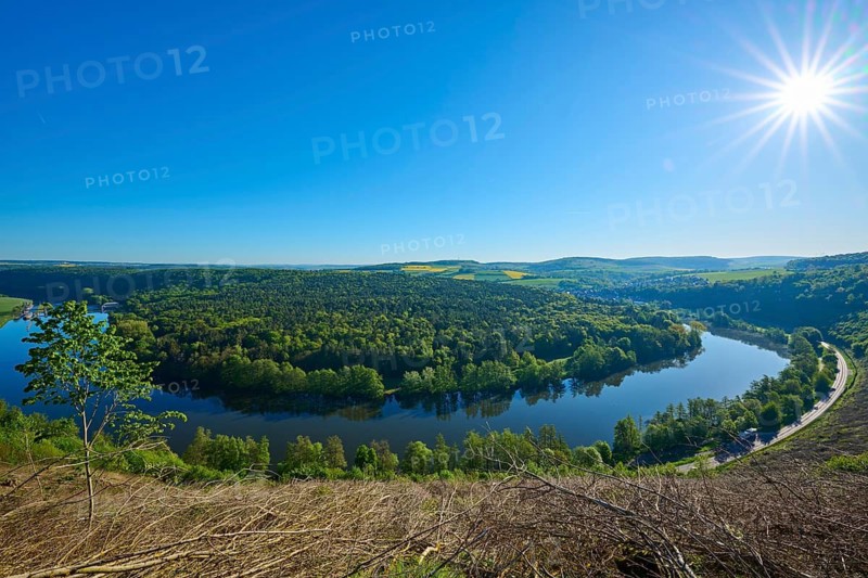 Sunshine over a lush river landscape, Mainschleife, Urphar, Wertheim, Main Tauber Kreis, Spessart, Lower Franconia, Baden-Württemberg, Germany
