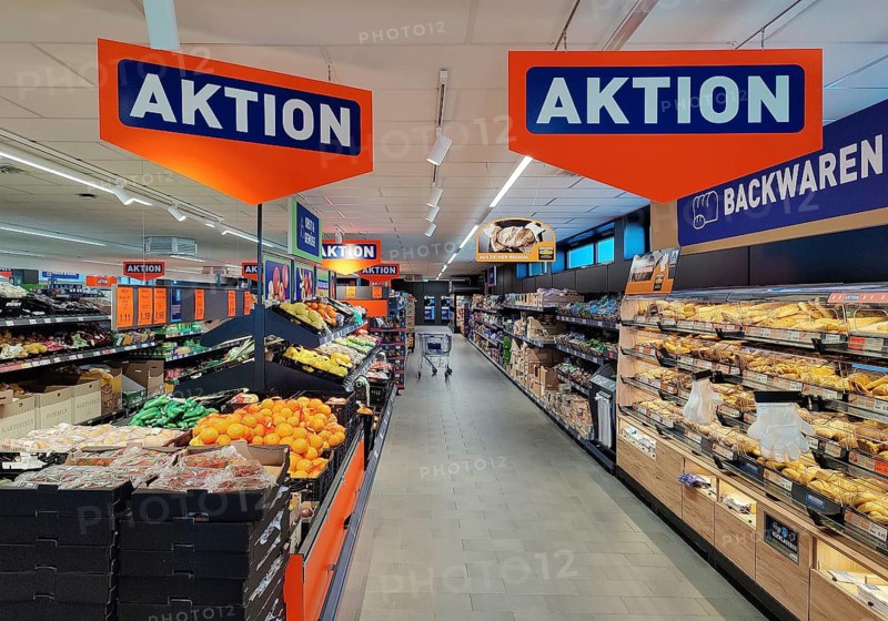 Action signs in an Aldi branch, supermarket, Witten, North Rhine-Westphalia, Germany