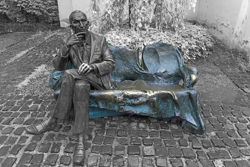 Bronze monument to Jan Karski, Polish officer, 1914-2000, was an important witness to the Holocaust, black and white, Krakow Poland