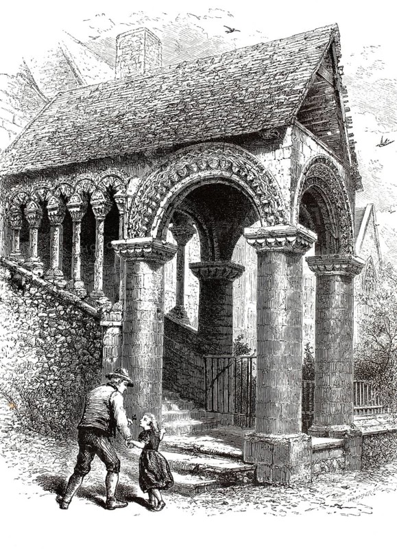 Norman stairwell in Canterbury, King's School, County Kent, England, illustration, reproduction from a 19th century model. Authentic, file restored for optimal use, exact date of submission unknown, historical
