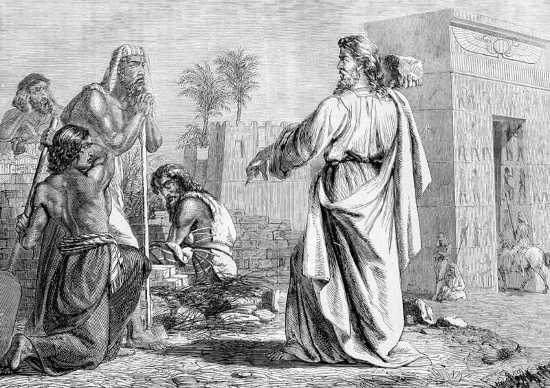 Jeremiah prophesies the defeat of the Egyptians, Bible, Old Testament, Prophet Jeremiah, biblical passage, prophecy, pharaoh, battle of Carcemic, Euphrates, judgment of God, divine punishment, war defeat, destruction, warning, prophecy, history, antiquity, fate, victory of Babylon, skepticism, outdoors, clay buildings, palm trees, Egypt, horsemen, historical illustration around 1850