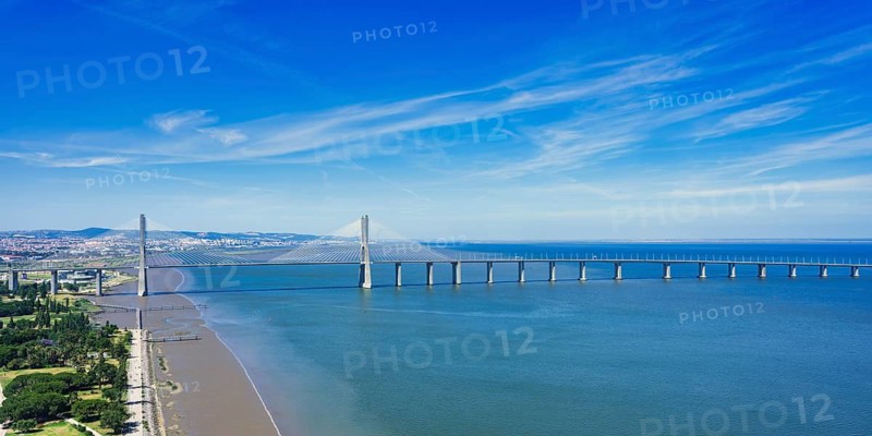 Aerial view of the Cable-stayed Vasco de Gama Bridge, Park of Nations, Lisbon, Portugal