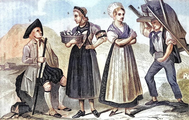 Traditional clothing styles and culture from the 19th century. Traditional dress from the canton of Thurgau (1, 2), the canton of Glarus (3, 4), Switzerland, illustration, reproduction of a 19th-century original. Authentic, file restored for optimal use, exact date of the original unknown, historical, nostalgically coloured
