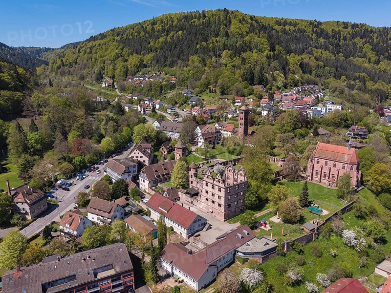 Aerial view of the Hirsau monastery ruins, a former important Benedictine abbey in the Nagold Valley in the northern Black Forest, Hirsau, Calw, Black Forest, Germany