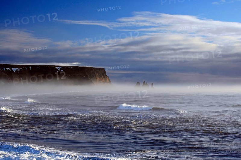 Europe, Iceland, coast in fog, atmosphere, rocks, pinnacles, Atlantic, volcanism, south coast, Iceland