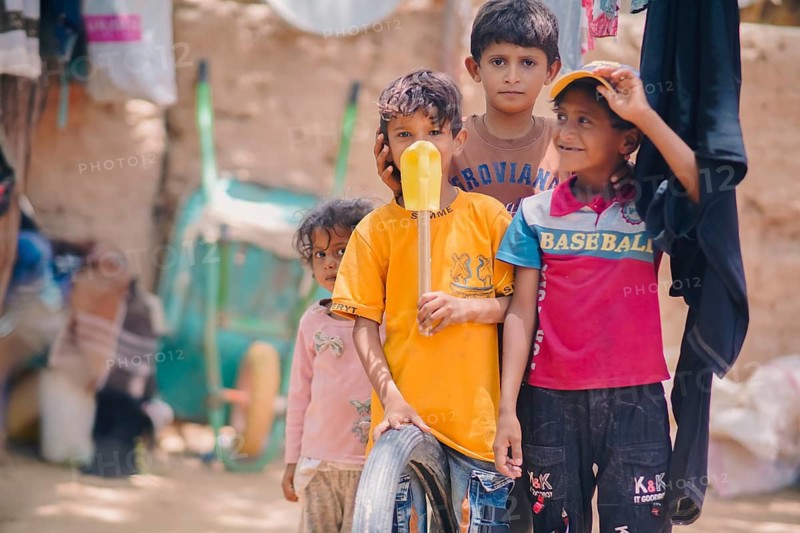 Yemeni children living in a refugee camp under difficult humanitarian conditions. Yemen, April 12, 2024, Seiyun, Yemen
