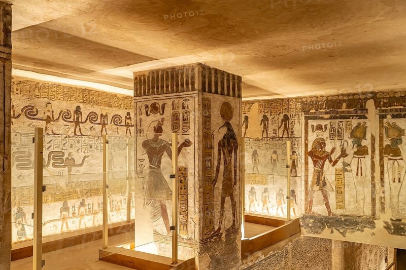 Reliefs in the ancient Egyptian tomb of Pharaoh Ramesses IV in the Valley of the Kings near Luxor, Egypt