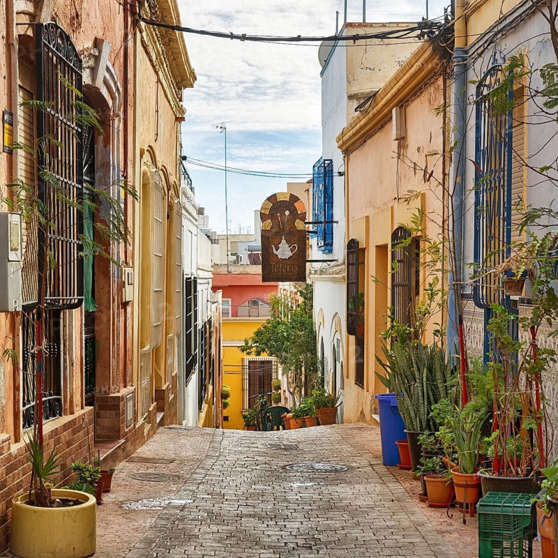 Picturesque alleyway Calle de la Almedina, charming, traffic-calmed Arab quarter with colorful houses, Moorish cafés and numerous pot plants, historic architecture, old town, Almeria, Andalusia, Spain