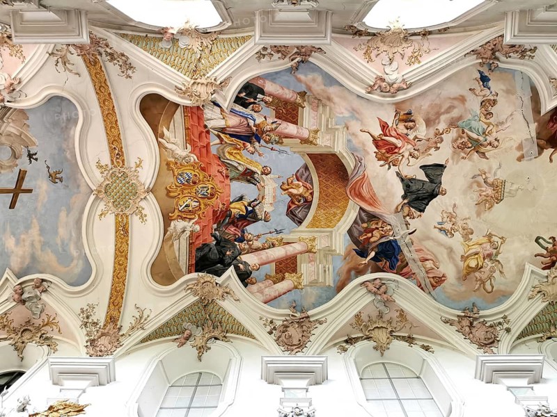 Ceiling fresco of the monastery church in Mönchsdeggingen Abbey, former monastery of the Mariannhill Missionaries, near Nördlingen on southern Riesrand, Donau-Ries district, Swabia, Bavaria, Germany
