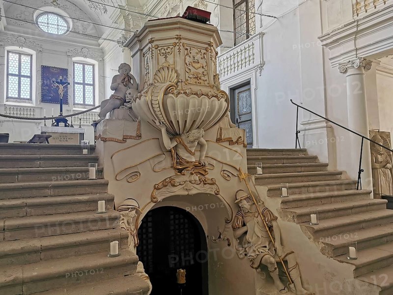 Entrance to the crypt and pulpit in the baroque castle church of St. Michael in the Castle, Harburg, Donau-Ries district, Swabia, Bavaria, Germany