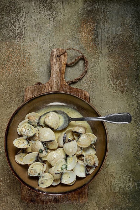Vongole clams, in cream sauce, homemade, top view, no people