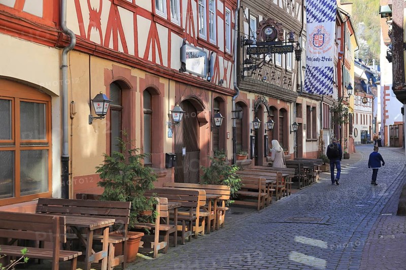 Alley in the historic Schwarzviertel, the oldest part of town, half-timbered houses, on a quiet morning, Miltenberg, Lower Franconia, Bavaria, Germany