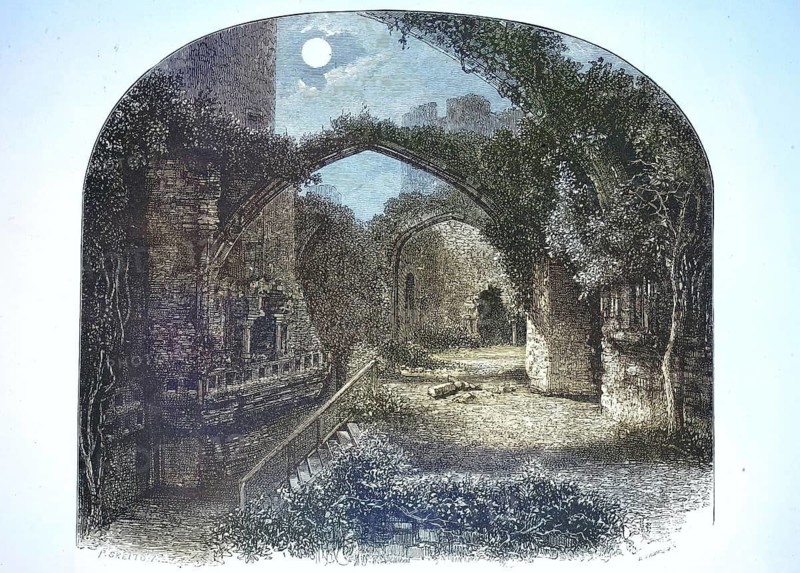 Banquet hall in Conay Castle. Ruins of a medieval castle built between 1283 and 1287 in County Gwynedd on the banks of the Conwy estuary, which dominates the entrance to the town of Conwy, Wales, illustration, reproduction from a 19th-century model. Authentic, file restored for optimal use, exact date of original unknown, historical, nostalgically colored