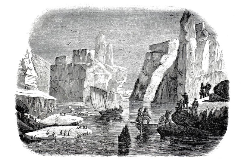 The discovery of Adeleland in Antarctica by French explorer Jules Dumont d'Urville in 1840. Crew members navigating between icebergs with small boats and observing penguins on ice floes, illustration, reproduction from a 19th-century model. Authentic, file restored for optimal use, exact date of submission unknown, historical