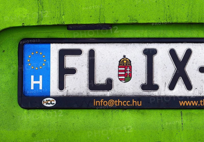 Car license plate FL IX of a FlixBus from Hungary with the characteristic green color, detail, Cologne, North Rhine-Westphalia, Germany
