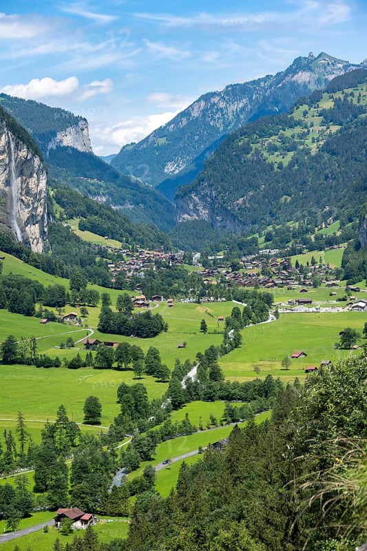 View of the picturesque valley of Lauterbrunnen with Staubbach Falls, mountain landscape, Bernese Alps, Bernese Oberland, Switzerland