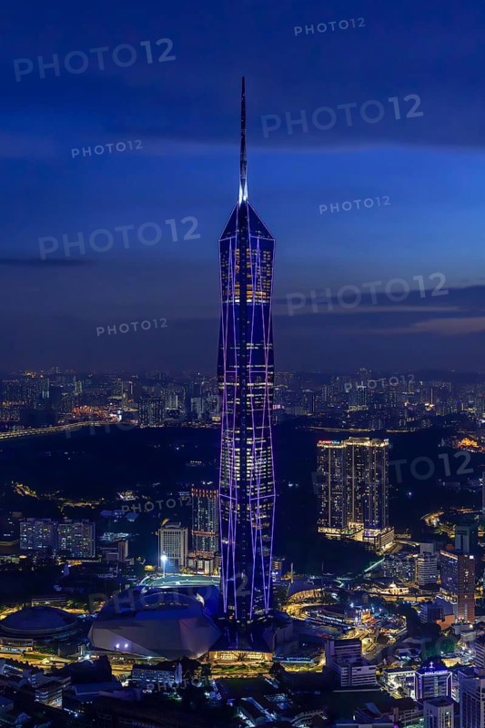 Merdeka 118, Merdeka Tower, neo-futuristic megatall skyscraper illuminated at dusk in capital city Kuala Lumpur, tallest building in Malaysia