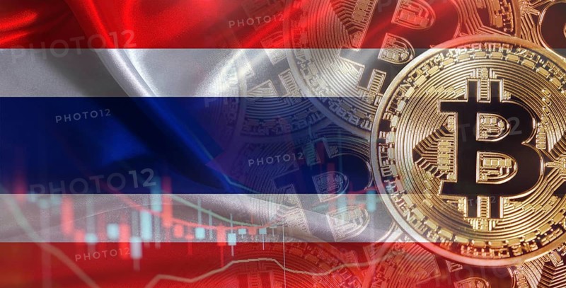 Bitcoin cryptocurrency with Thailand flag, Investors in Blockchain Technology. Thai flag with Bitcoins in the background