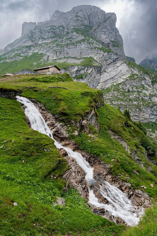 Waterfall on Sousbach, Oberberg Almen, picturesque mountain landscape, Bernese Alps, Bernese Oberland, Switzerland
