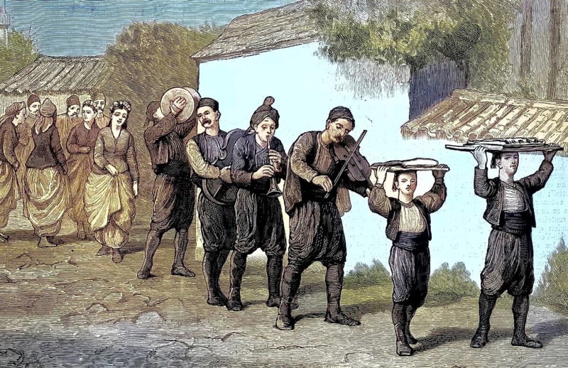 Traditional engagement procession in which musicians and bearers of gifts pass through a village around 1880, Bulgaria, illustration, reproduction from a model from the 19th century. Authentic, file restored for optimal use, exact date of original unknown, historical, nostalgically colored
