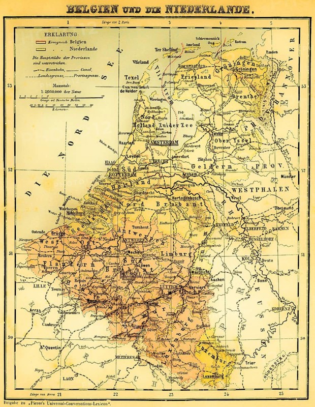 Belgium and the Netherlands, Luxembourg, Benelux countries, Brabant, Flanders, Namur, Geldern, Friesland, Zealand, scale in German miles and kilometers, capital of the provinces, North Sea, West Frisian Islands, Rhine estuary, Westphalia province, railway lines, canal, topography, color map, historical illustration 1877