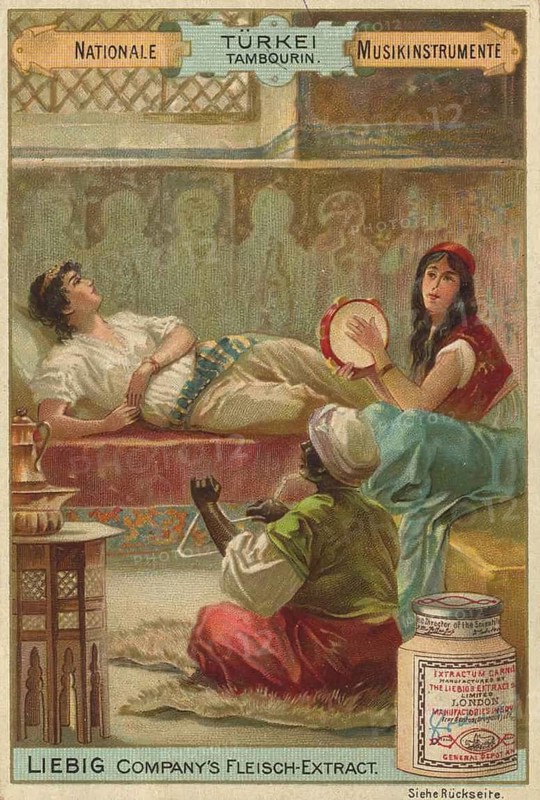 Picture series of national musical instruments, scene with traditional Turkish musical instruments, in particular a tambourine variant as used in classical Turkish music, favorite picture, digitally restored reproduction of a collector's painting from around 1900, exact date unknown