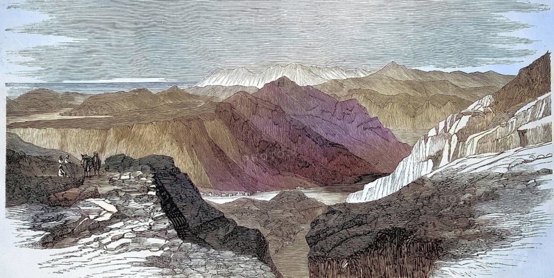 Rugged, impassable mountain landscape in Montenegro around 1870, reproduction from a 19th century model. Authentic, file restored for optimal use, exact date of original unknown, nostalgically colored