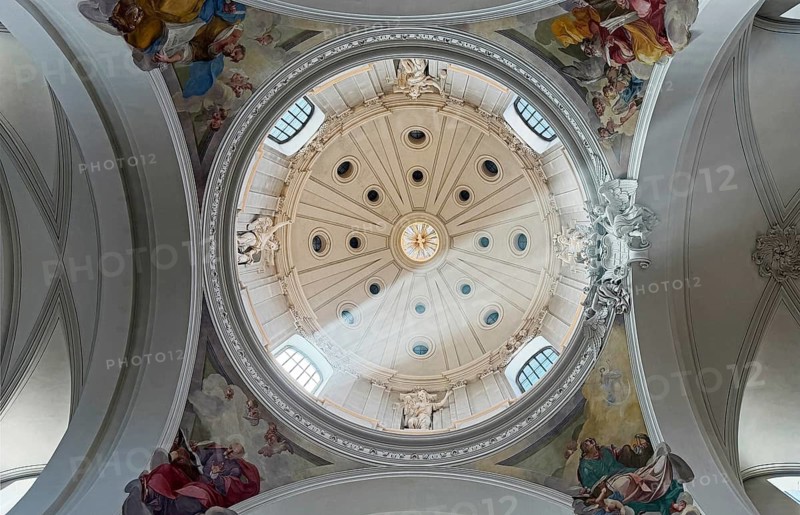 St. Salvator Cathedral in Fulda, officially High Cathedral in Fulda, view of the cathedral dome with sunshine through incense, Baroque quarter, Fulda, East Hesse, Hesse, Germany