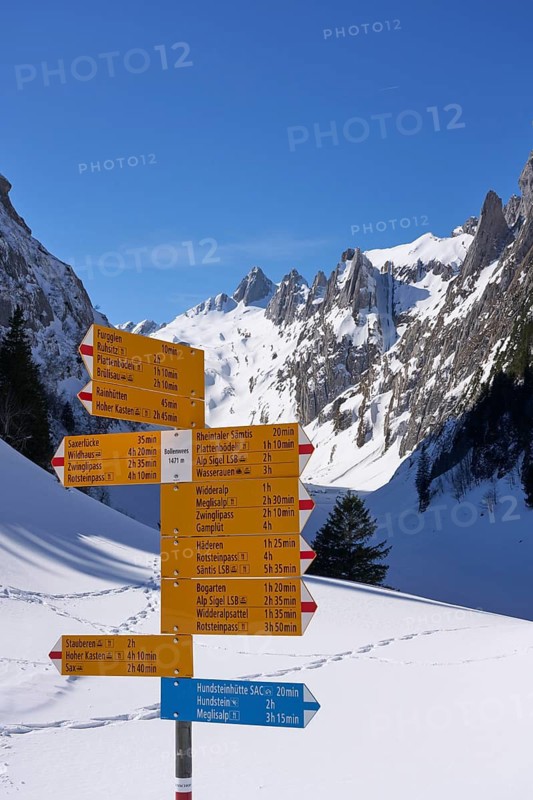 Sign post with many hiking destinations in the Alpstein, Säntis mountain range, Brülisau, Appenzell, Switzerland
