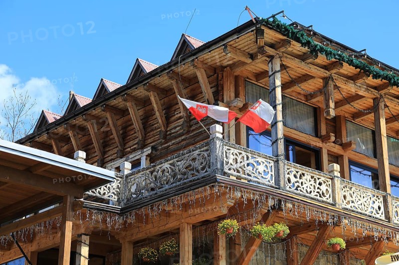 Gubalówka Restauracja on the summit of Mount Gubalowka in typical wooden architecture in Zakopane, Poland