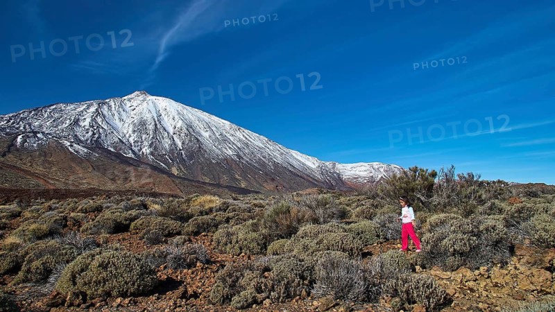Girl hiking in front of snow-covered mountain through thick heather scrub, Teide, Parque Nacional del Teide, Teide National Park, volcano, volcanism, UNESCO World Heritage Site, Tenerife, Canary Islands, Spain